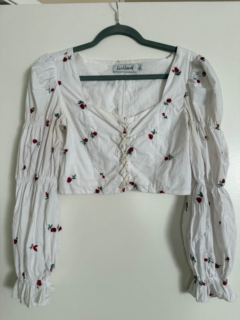Rachel Antonoff White Cropped Peasant Top with Red Rose Embroidery
